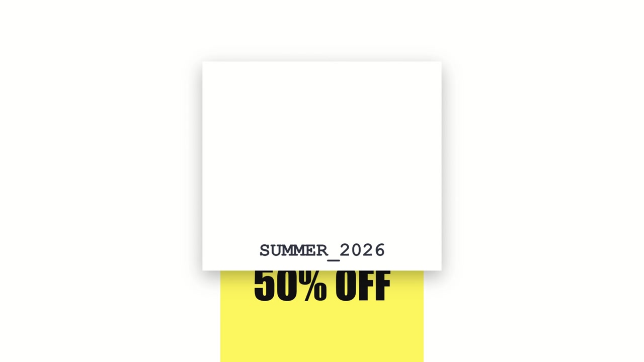 Animazione di sconto Estate 2026 con rivelazione a pannello scorrevole e offerta promozionale del 50% di sconto su sfondo chiaro, che crea elementi visivi moderni per il marketing al dettaglio.