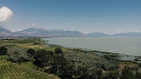 Toma-Aérea-De-La-Costa-Del-Lago-Utah-En-Un-Día-Soleado