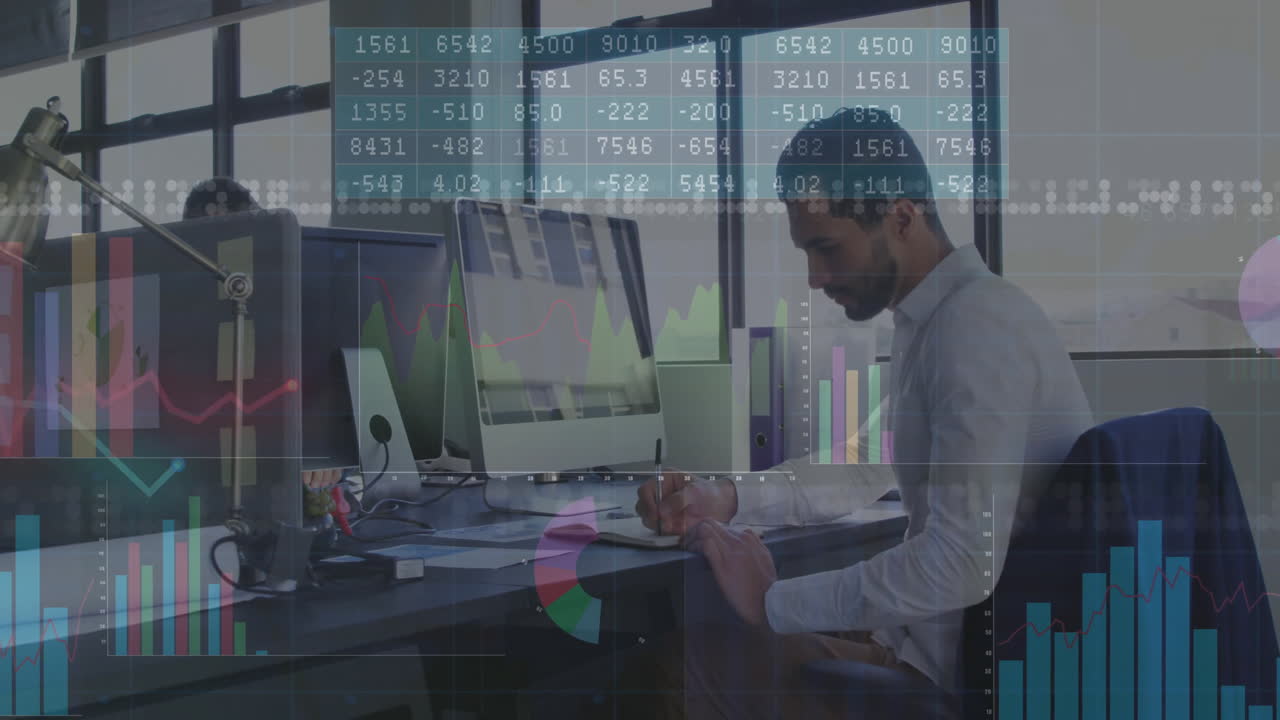 Businessman working at desk with financial data and graphs overlay animation