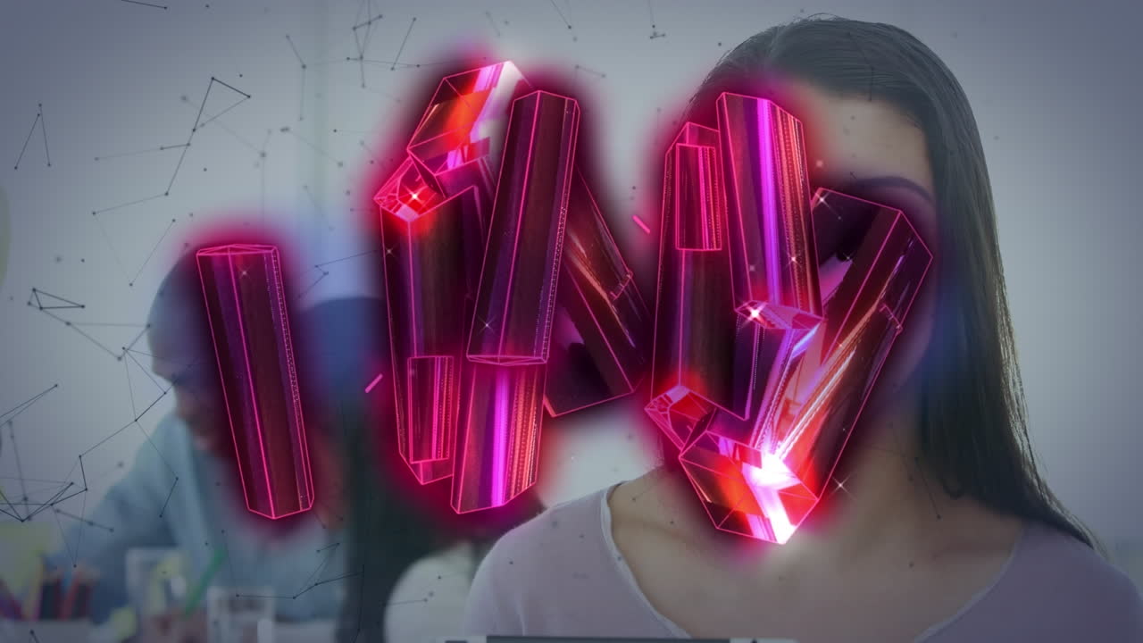 animación de formas y moléculas brillantes en 3d sobre personas estampadas