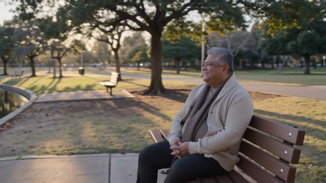 Hombre mayor sentado, girando, sonriendo y calmándose en un banco de parque junto a un estanque, con la cámara acercándose y espacio para texto.