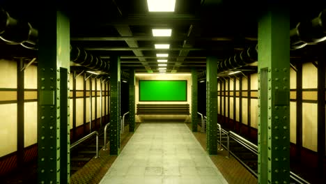 flying the camera through a mystical deserted subway to a poster with a green screen. post-apocalypse, metro apocalyptic metro.