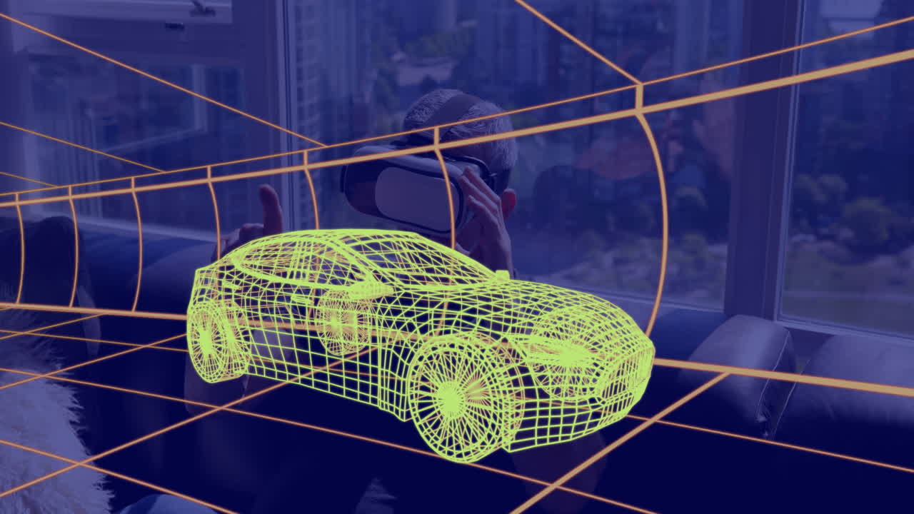 анимация 3d технического чертежа автомобиля, над человеком дома в гарнитуре vr