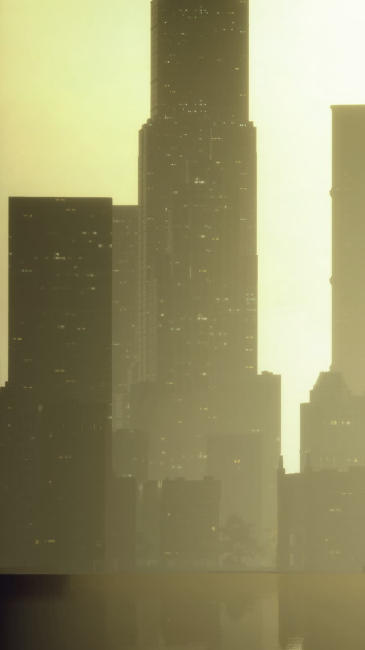 Vista del horizonte de la ciudad al atardecer con edificios altos que reflejan la luz.