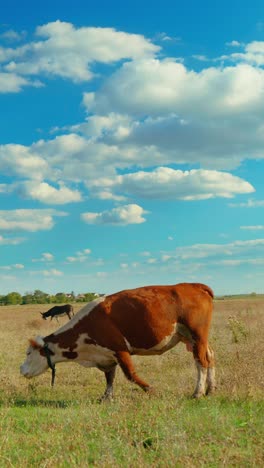 a peaceful rural scene with cows grazing in a green meadow under a blue sky