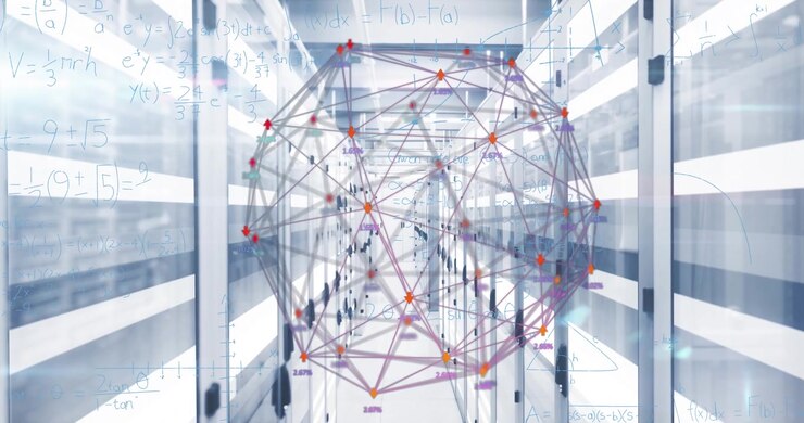 Animation of globe with connections and data processing over computer servers