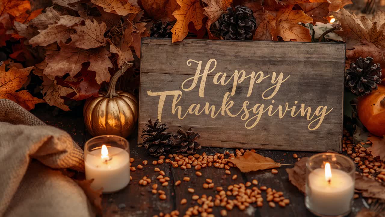 Zooming camera drawing Happy Thanksgiving sign closer on oak table highlighting gold script candles