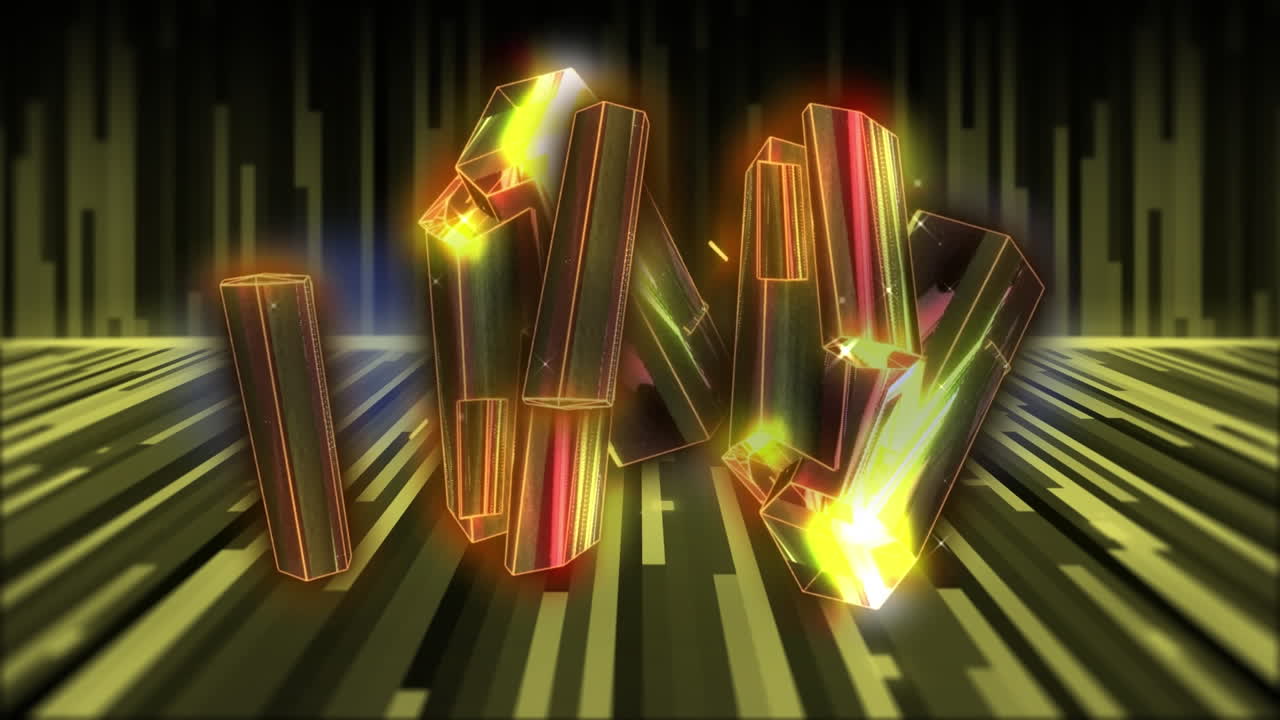 검은색 배경에 원활한 패턴으로 황금색 빛의 흔적 위에 반이는 크리스탈 모양의 애니메이션