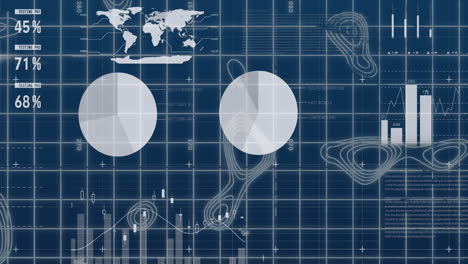 animating data visualization and analytics over blue grid background with charts and graphs