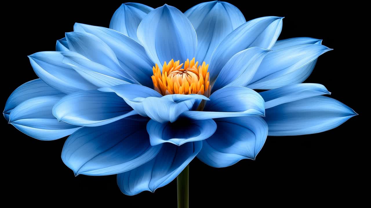 Blue lotus flower with vibrant center. A striking blue lotus flower displays its layers of petals and a vivid orange center against a dark background.