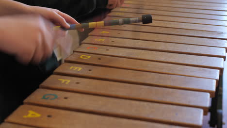 Estudiantes-Aprendiendo-A-Tocar-El-Xilófono-En-La-Clase-De-Música-Escolar,-De-Cerca