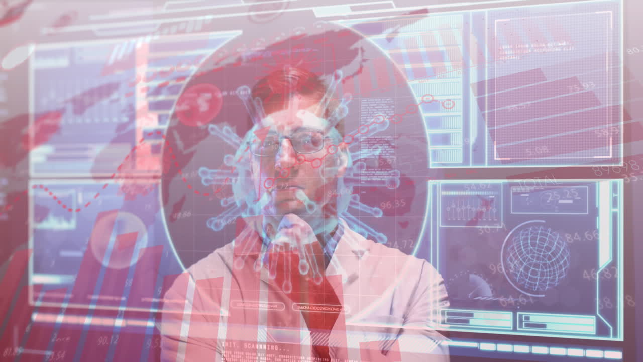 Animation of screen with covid 19 cell and medical data processing over male doctor in lab coat