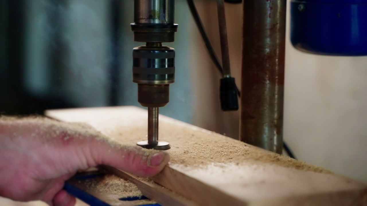 persona que perfora madera con una prensa de perforación