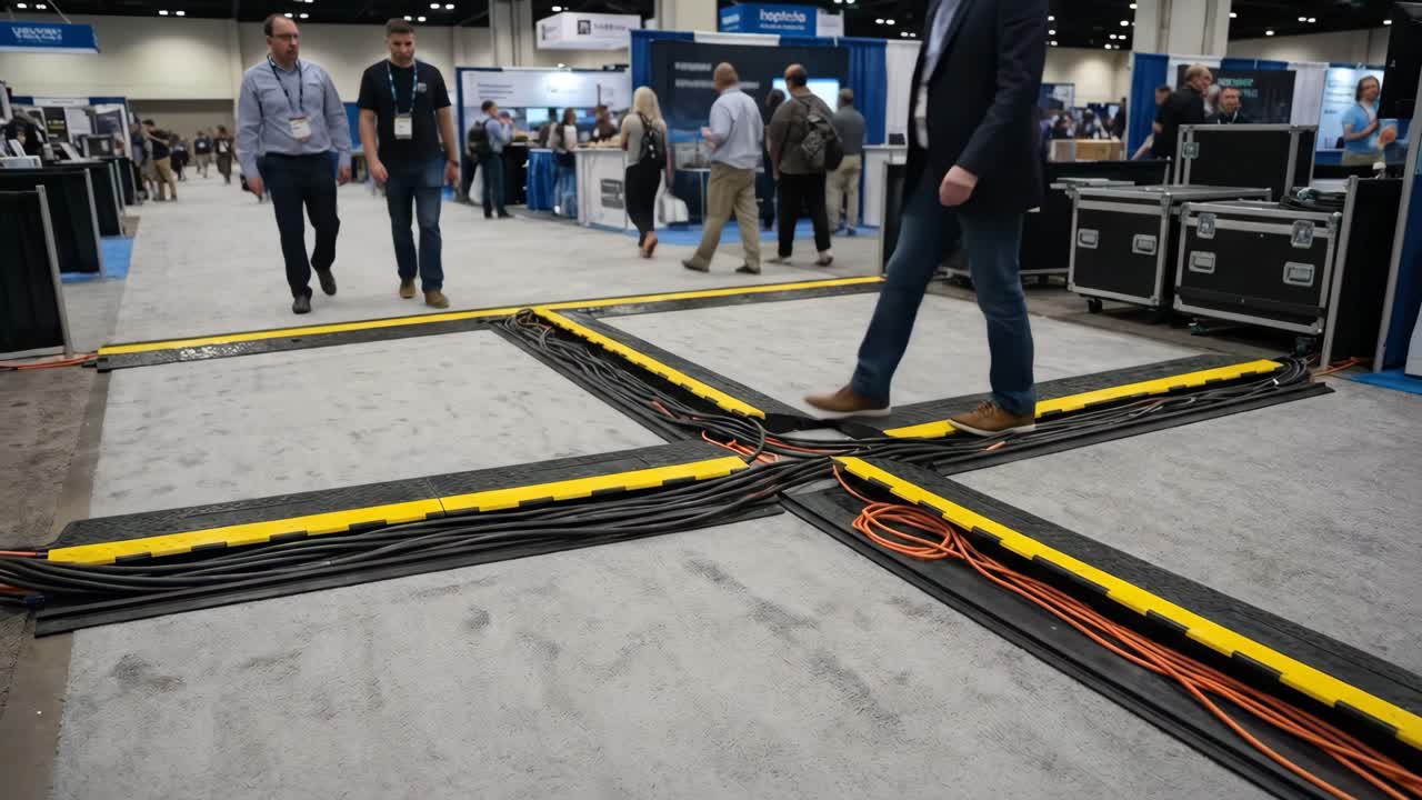 People Walking Over Cable Protectors on a Busy Convention Floor