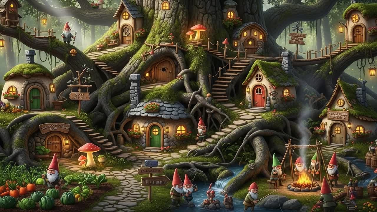 Whimsical Enchanted Woodland Village with Gnomes, Cozy Homes, and Lively Activities Amidst a Majestic Tree