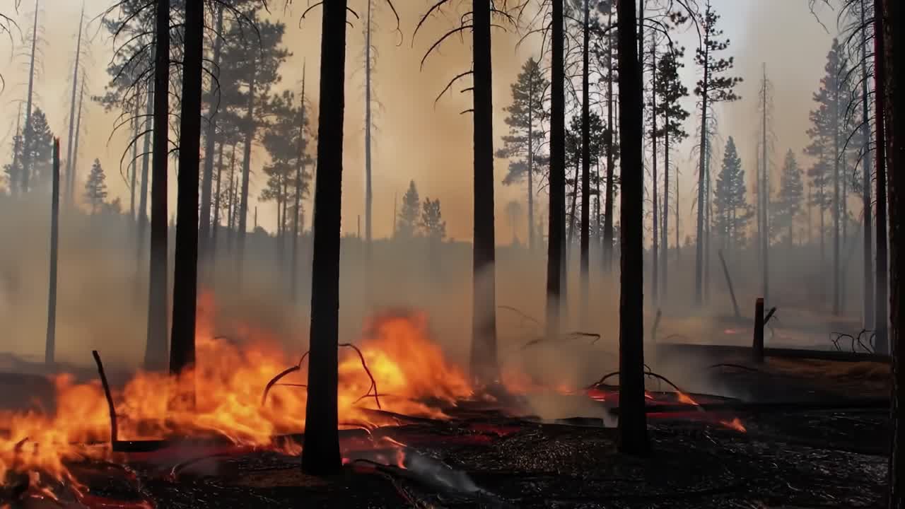 Destructive Wildfire Engulfs Forest Landscape, Consuming Trees and Underbrush While Emitting Thick Smoke into the Air, Illustrating Nature's Fury and Devastation