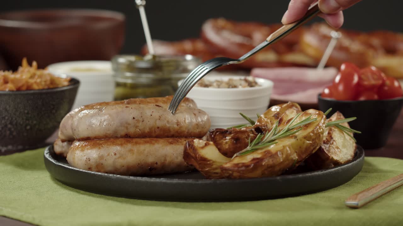 Forchetta che infilza una salsiccia alla griglia su un piatto con patate arrosto