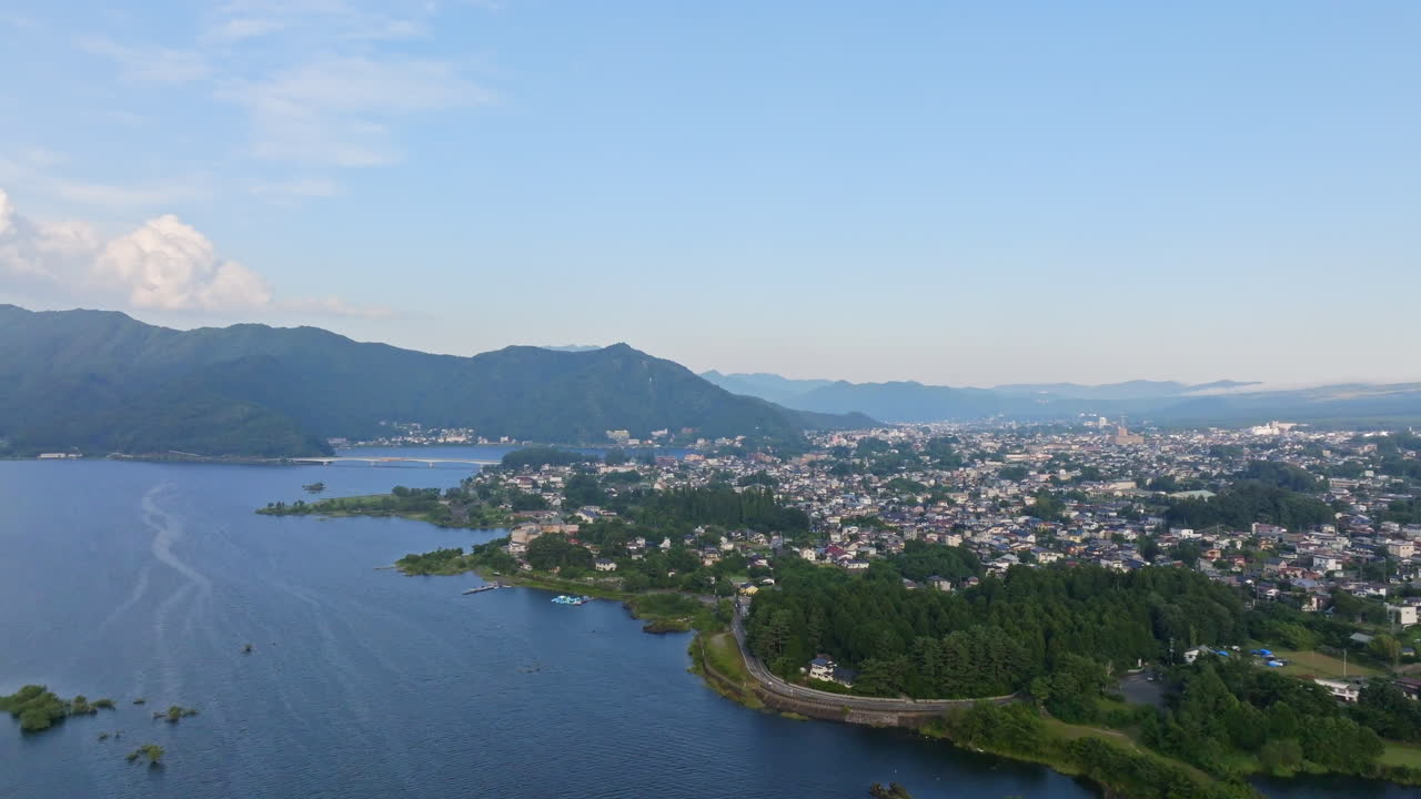 Panoramic drone shot overlooking the Fujikawaguchiko town, sunny day in Japan