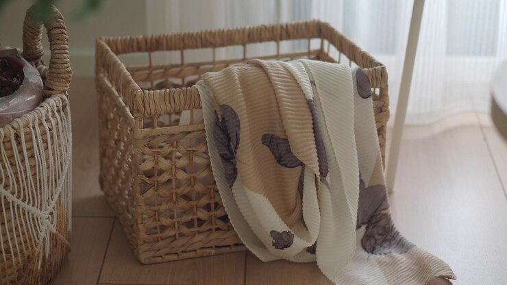 Cozy Pleated Blanket Draped Over a Woven Basket on Wooden Floor