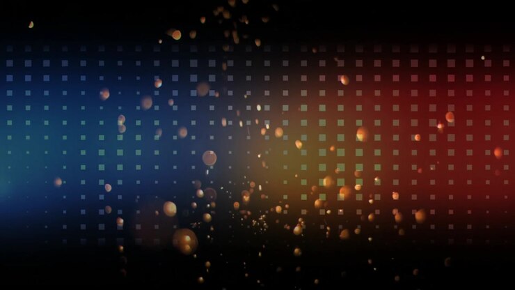 Abstract Background with Floating Golden Particles and Digital Grid