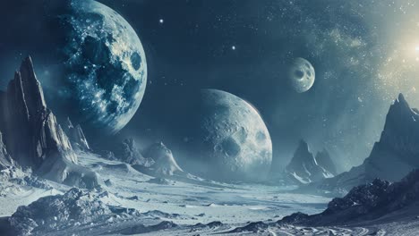 alien frozen landscape with planets
