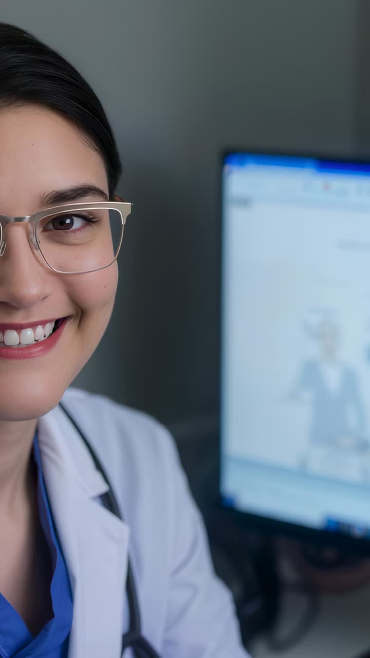Video verticale: donna sorridente in camice bianco alla scrivania mentre la telecamera si avvia con lo schermo visibile, spazio per il testo