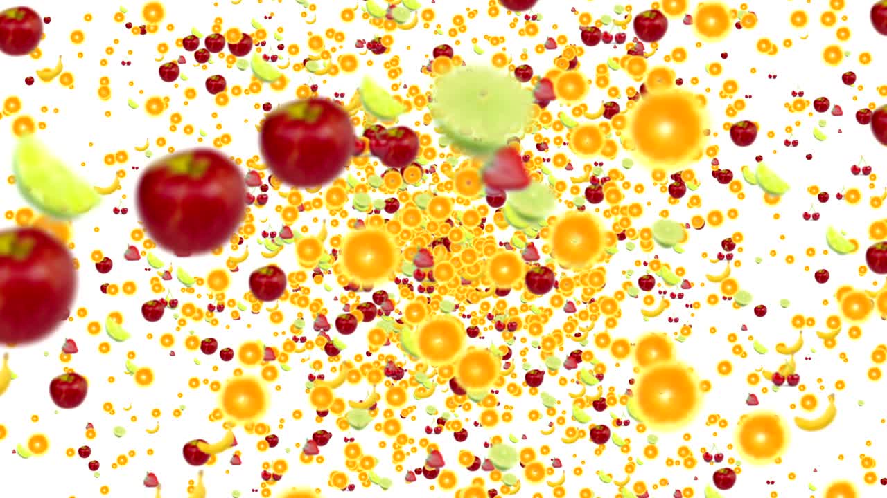 animación de frutas volando en vórtice en fondo blanco con desvanecimiento, bucle sin costuras