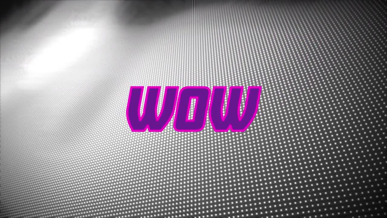 animación digital de texto wow púrpura contra un fondo gris con gradiente texturizado punteado