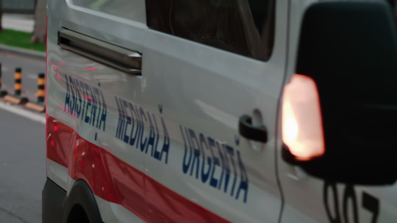 Chisinau, Moldova - October 1, 2025: Close up shot of an ambulance vehicle with emergency markings moving on the streets of the city