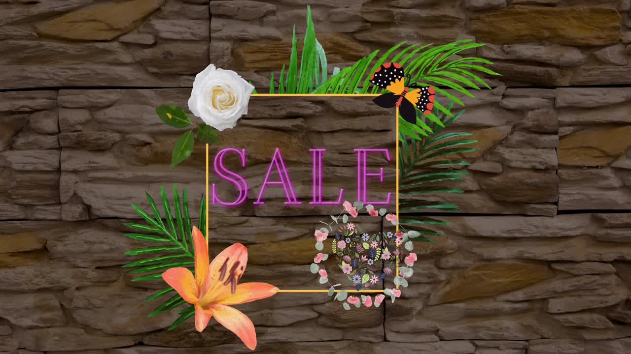꽃 위 에 있는 프레임 에 있는 네온 글자 로 된 판매 텍스트 의 애니메이션 이 몽환적 인 움직임 으로 움직인다