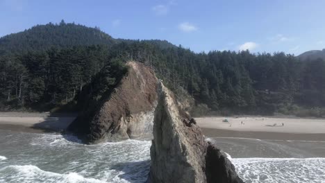 A-lone-seagull-sits-atop-a-large-natural-rock-formation,-Lion-Rock,-Arcadia-Beach,-aerial-orbit