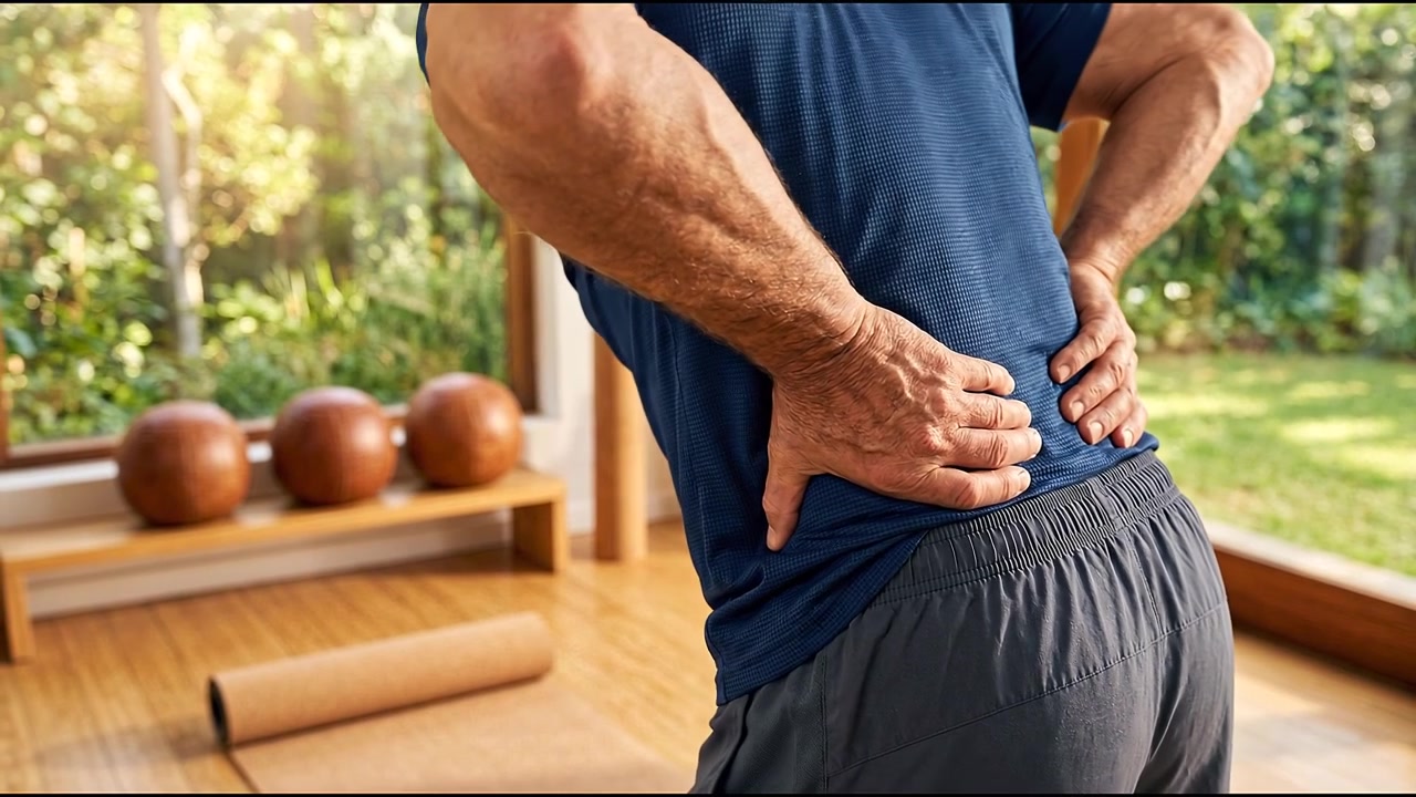 Primer plano de dolor lumbar con las manos presionando la zona lumbar dolorida.