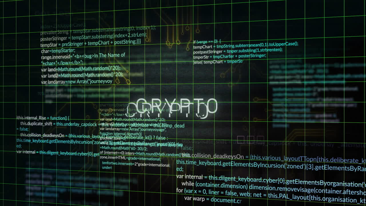 Crypto text animation over programming code and digital grid background