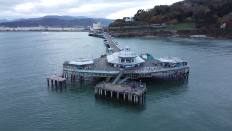 llandudno pier historic victorian wooden boardwalk seaside landmark aerial orbit right view across pavilion