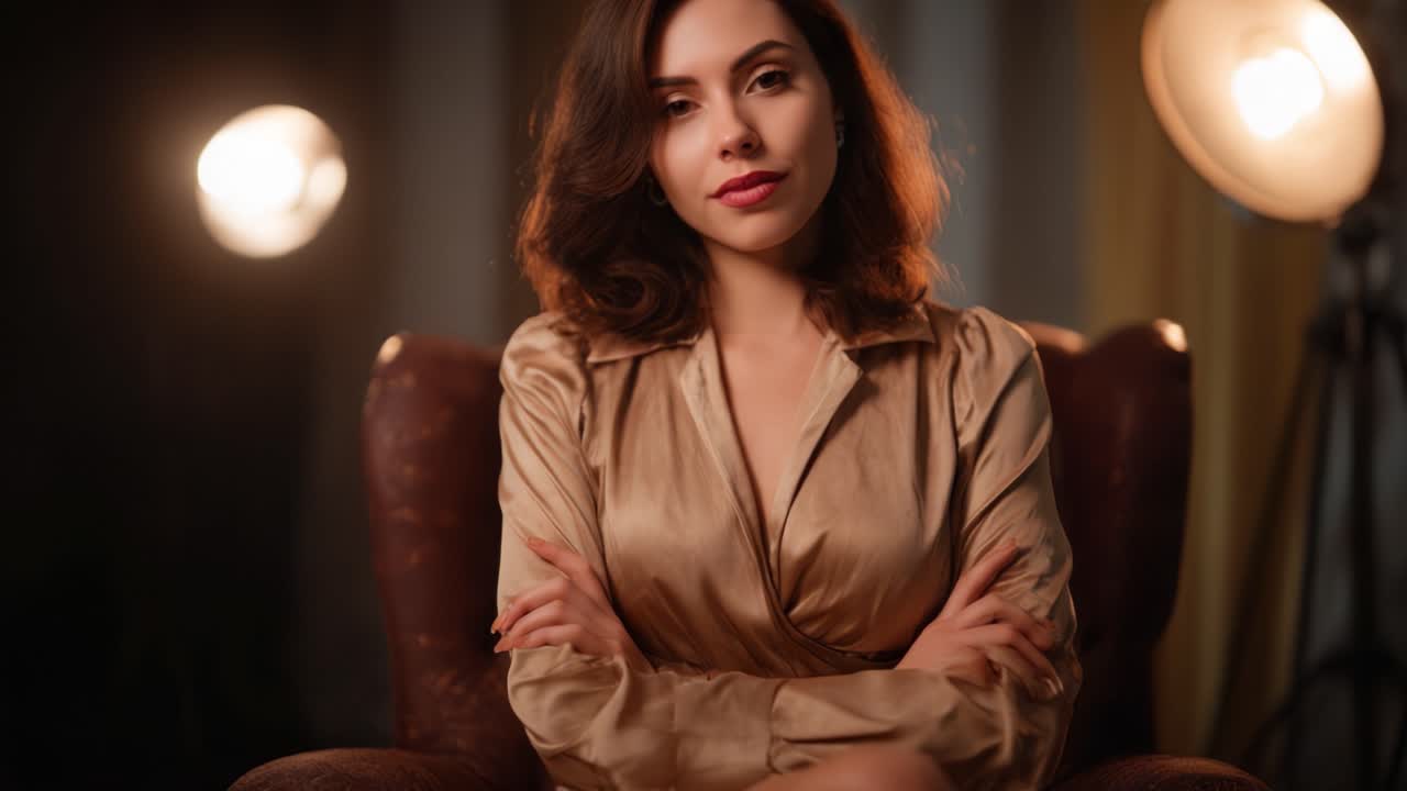 Elegant woman seated confidently in a stylish chair, exuding charm under soft lighting, showcasing beauty and poise in a fashionable setting