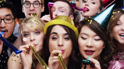 multi-ethnic group of people celebrating birthday party slow motion photo booth