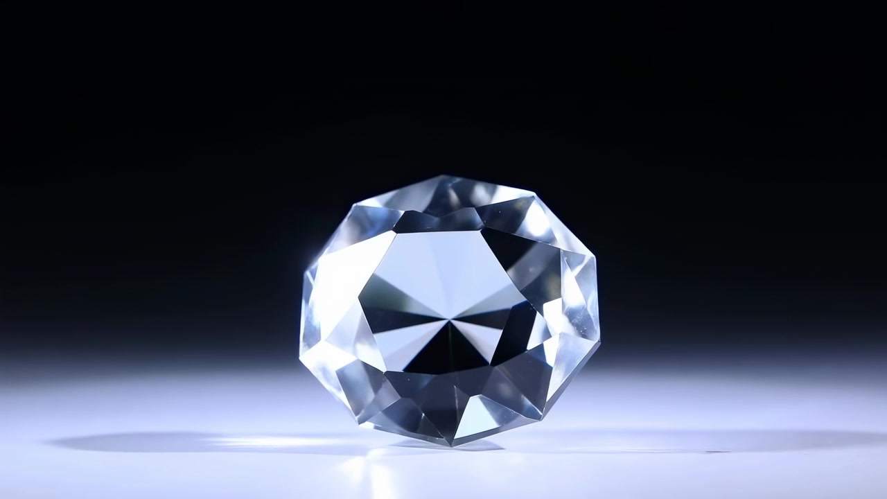 Diamante rotondo in primo piano su superficie riflettente, illuminazione blu fredda, lenta rotazione, sfaccettature nitide che catturano la luce.