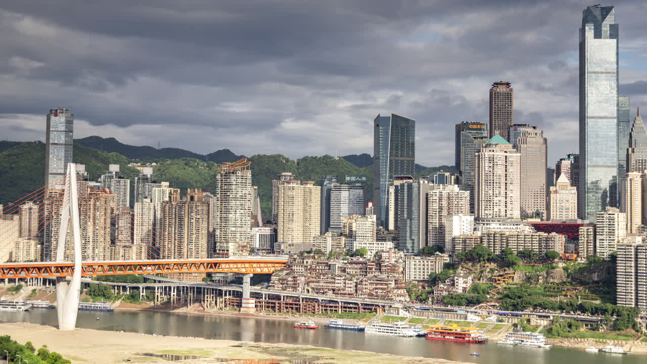 Timelapse of the amazing Chongqing cyberpunk city skyline reflected in a pool at night