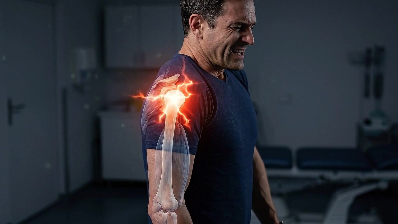 Vista traseira de homem pressionando ombro iluminado em cena médica escura com desconforto visível