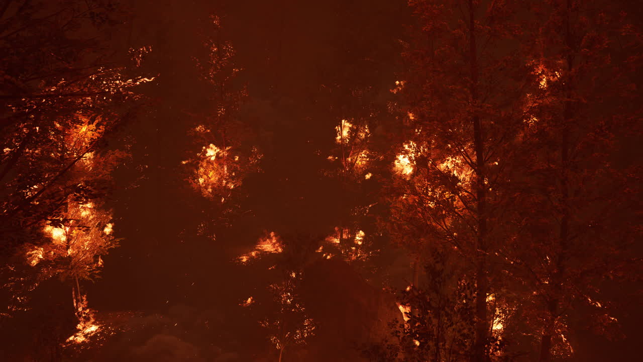 밤에 산불의 큰 불꽃