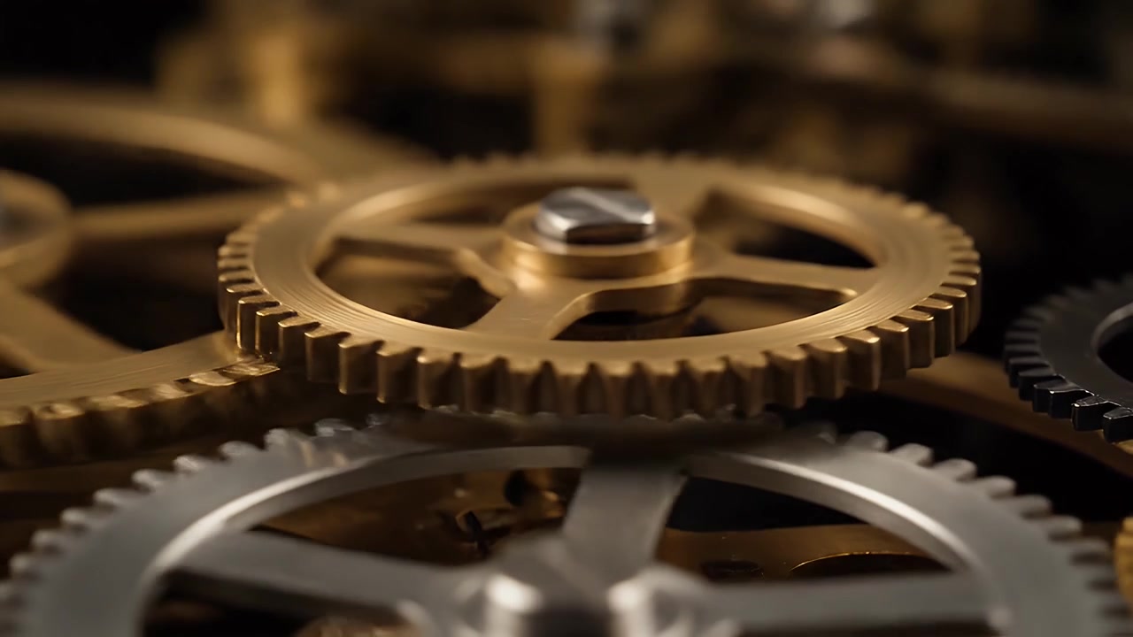 Close-up of Interlocking Brass and Silver Metal Gears Rotating