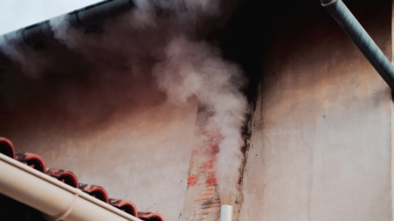 A close up of dense white smoke billowing from an old brick chimney against a faded beige wall