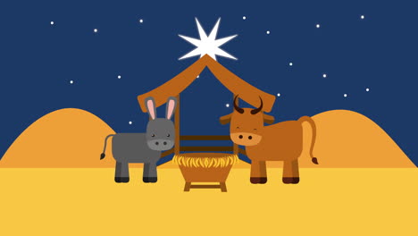 merry christmas manger scene with stable and animals