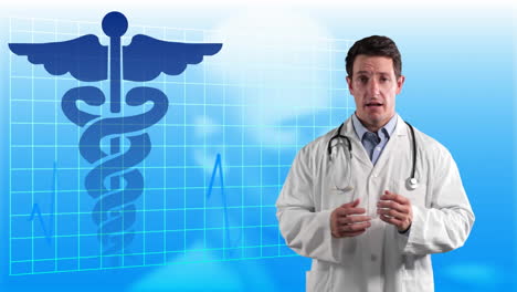 médico caucásico hablando sobre un fondo azul