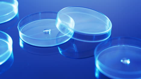 video of close up of laboratory round glass dishes with copy space on blue background