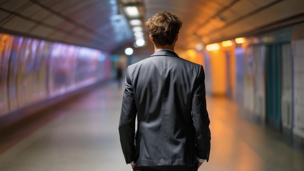 Um homem caminha por um túnel de metrô mal iluminado, vestindo um terno, com luzes coloridas refletindo nas paredes, criando uma sensação de mistério e solidão na cena.