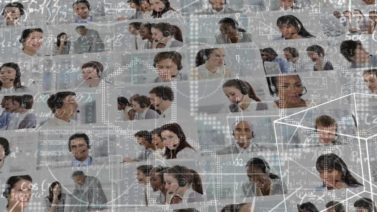 animación de dibujos matemáticos sobre personas de negocios que usan auriculares