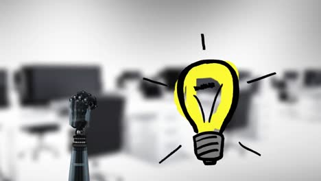 animation of robotic hand and light bulb over blurred background