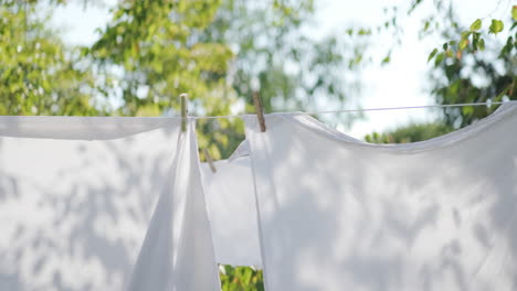 White-sheets-held-up-with-clothes-pegs-on-a-washing-line-outside