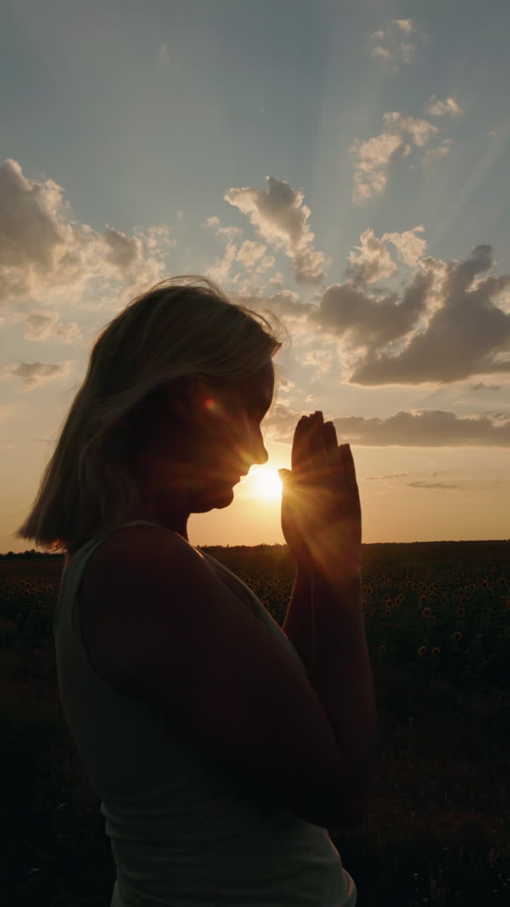 Woman praying at sunset